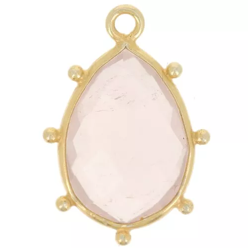 Pendente goccia sfaccettata e piccole sfere 19x13 mm Arg925 dorato Quarzo rosa