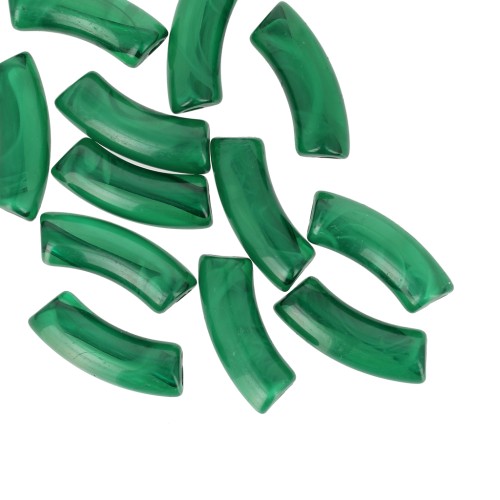 Perline tubolari curve 35x11 mm in acrilico trasparente - Verde scuro marmorizzato x6