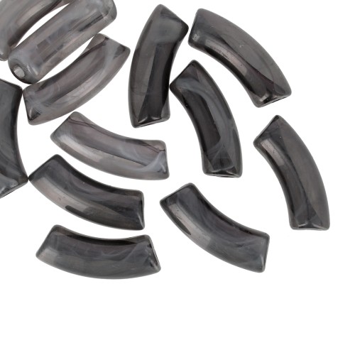 Perline tubolari curve in acrilica trasparente 35x11 mm - Nero marmorizzato - Bianco x6