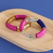 Perline tubolari curve in acrilica  trasparente 35x11 mm - Rosa chiaro marmorizzato x6