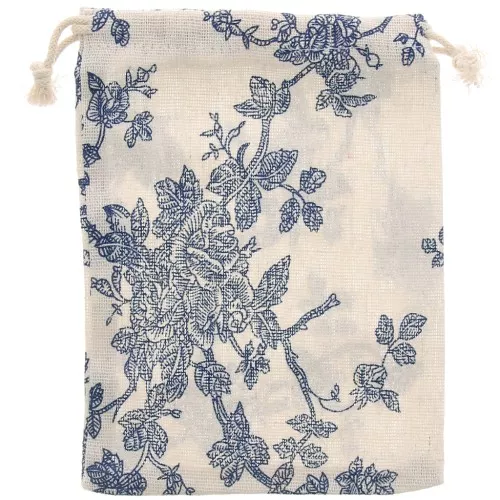 Sacchetto di iuta con rose 17,5x13 cm - Ecrù - Blu scuro x1