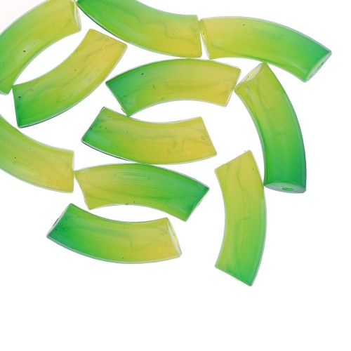 Perline tubolari curve e sfaccettate in resina trasparente 37x12 mm - Verde sfumato x6