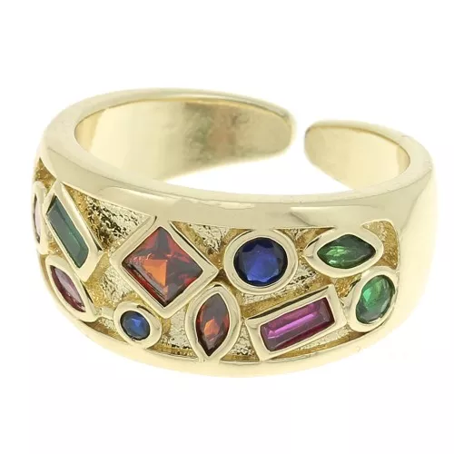 Anello largo con ossidi di zirconio - Forme geometriche - Oro - Multicolore x1