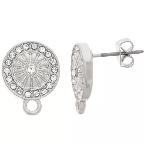 Orecchini tondi 11 mm con strass e anellino - Rodio - Cristalli x2