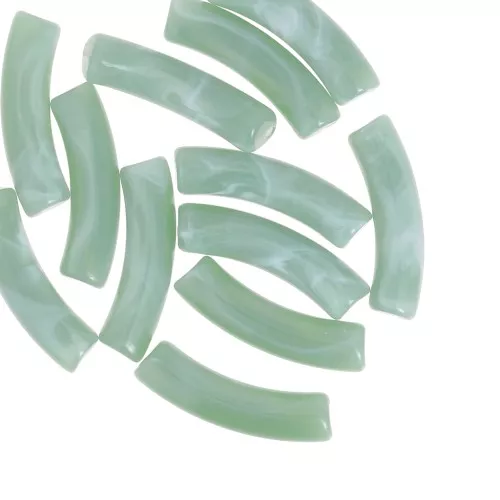 Perline tubolari curve 32x8 mm in acrilico trasparente - verde salvia marmorizzato x6
