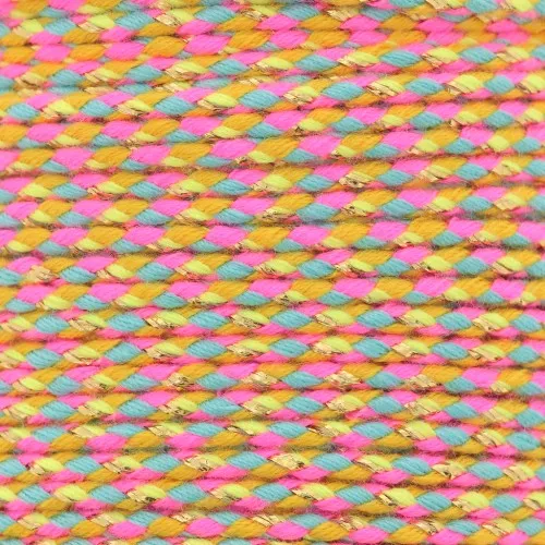 Cordoncino di cotone intrecciato e filo metallico 1,5 mm Rosa fluorescente - Blu - Giallo - Oro x1m