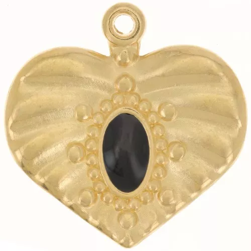 Pendente cuore da 26 mm con resina epossidica - dorato con oro fino- Nero x1