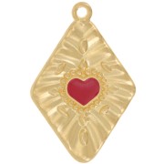 Pendente rombo con cuore 36x24 mm -dorato con oro fino - Rosso x1