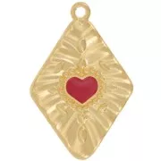 Pendente rombo con cuore 36x24 mm -dorato con oro fino - Rosso x1