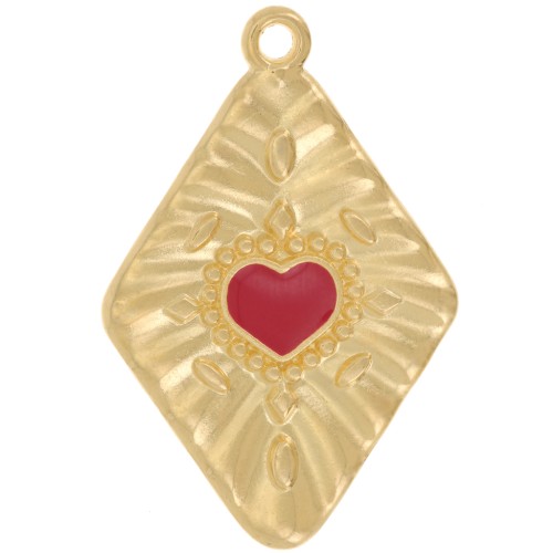 Pendente rombo con cuore 36x24 mm -dorato con oro fino - Rosso x1