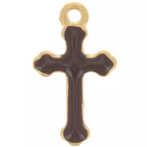 Ciondolo croce 19x11mm in resina epossidica -dorato con oro fino- Marrone scuro x1
