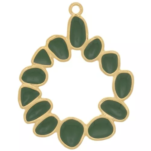Pendente rotondo irregolare 39mm con resina epossidica dorato oro fino Verde scuro
