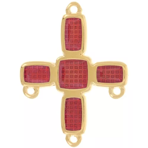 Ciondolo a croce 36x27,5 mm 3 anelli e resina epossidica Oro fino - Rosso
