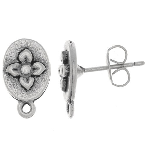 Orecchini perno ovali 13x8 mm floreale e anello chiuso - Argento antico x2