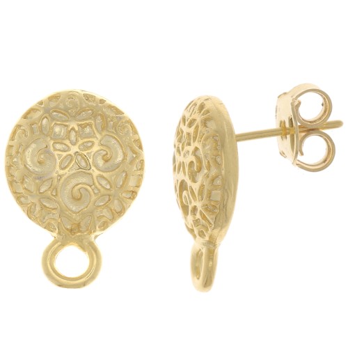 Orecchini perno tondi lavorati 11 mm -Dorato con oro fino x2