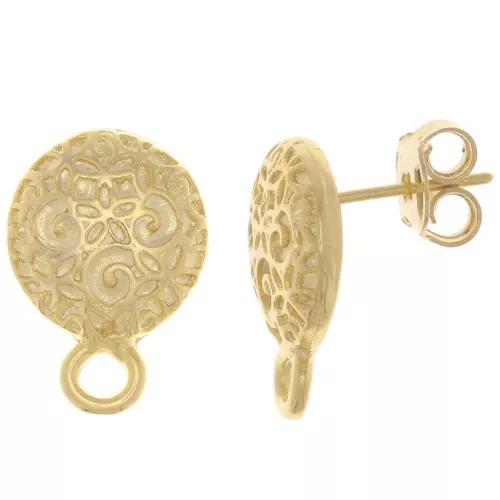 Orecchini perno tondi lavorati 11 mm -Dorato con oro fino x2