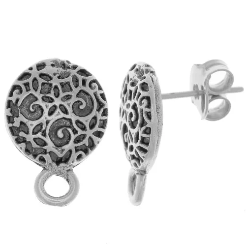 Orecchini perno tondi lavorati 11 mm - Argento antico x2