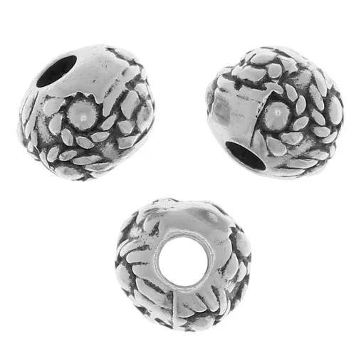 Perline tonde appiattite 6 mm a motivo floreale - Argento antico x5