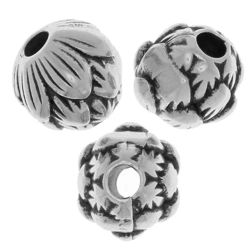 Perlina rotonda, motivo a fiore 8 mm - Argento antico x1