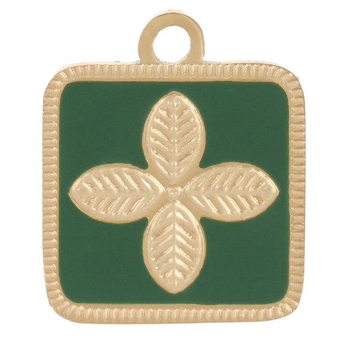 Ciondolo fiore quadrato 14x11 mm in resina epossidica acciaio inox 316L Oro - Verde abete