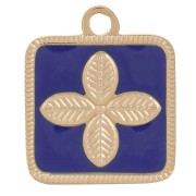 Charm quadrato Fiore 14x11mm in resina epossidica Acciaio inox 316L Oro - Blu scuro