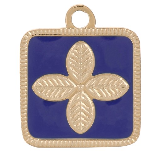 Charm quadrato Fiore 14x11mm in resina epossidica Acciaio inox 316L Oro - Blu scuro