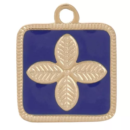 Charm quadrato Fiore 14x11mm in resina epossidica Acciaio inox 316L Oro - Blu scuro