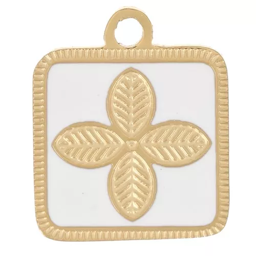 Ciondolo fiore quadrato 14x11 mm in resina epossidica 316L acciaio inox oro - Bianco