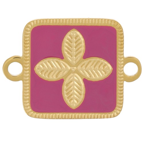 Distanziatore quadrato 16x11 mm - fiore - resina epossidica Acciaio inox 316L Oro - Fucsia