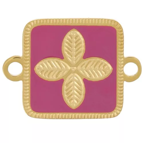 Distanziatore quadrato 16x11 mm - fiore - resina epossidica Acciaio inox 316L Oro - Fucsia