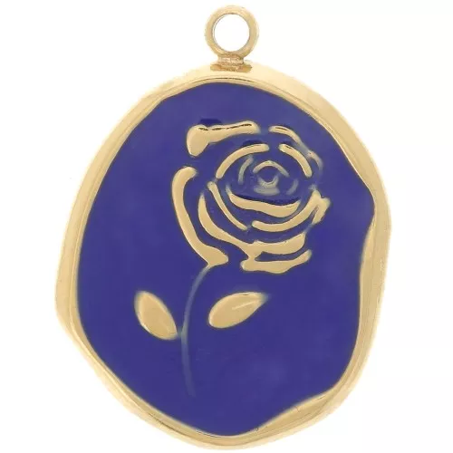Pendente irregolare 20x14,5 mm - Motivo a rosa -Acciaio inox 316L dorato Blu scuro