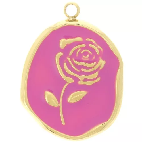 Pendente irregolare 20x14,5 mm - Motivo rosa - Acciaio inox 316L dorato- Fucsia