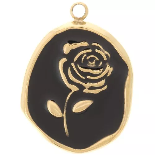 Pendente irregolare 20x14,5mm - Motivo rosa - Acciaio inox 316L dorato- Nero