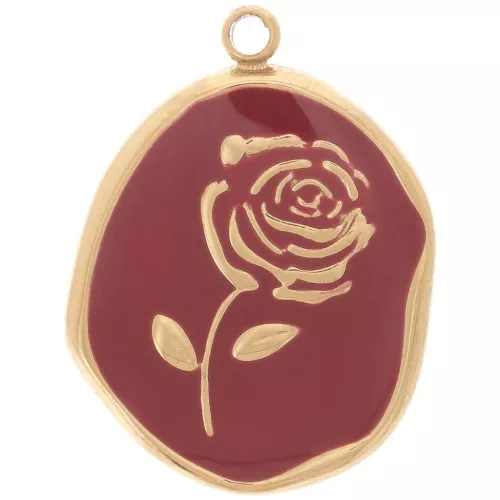 Pendente irregolare 20x14,5 mm - Motivo rosa - Acciaio inox 316L dorato Bordeaux