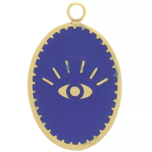 Ciondolo ovale 17x11 mm - Motivo a occhio - Acciaio inossidabile 304L Dorato - Blu scuro x1