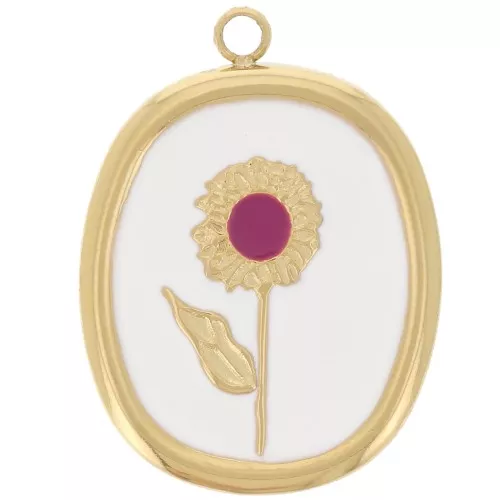 Pendente ovale 20x15 mm - motivo floreale - Acciaio inossidabile 304 Dorato - Bianco - Plum