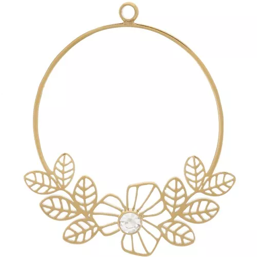 Pendente 23 mm con fiori e Ossido di zirconio traforati - Acciaio inox 316L dorato- Cristallo