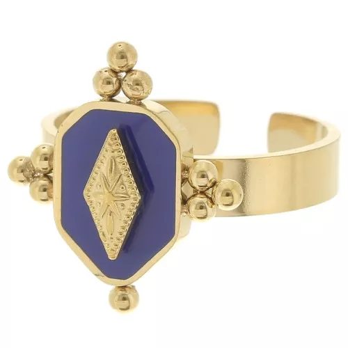 Anello etnico con resina - regolabile - Acciaio inossidabile 316L dorato Blu scuro