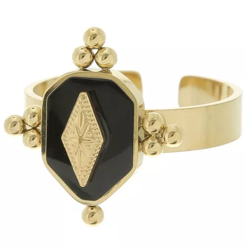 Anello etnico con resina - regolabile - Acciaio inossidabile 316L dorato - Nero x1
