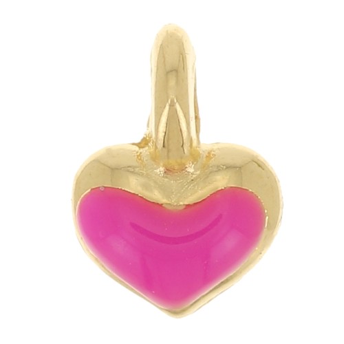 Ciondolo mini cuore 7x5 mm in resina epossidica - Placcato oro - Rosa fluorescente x1
