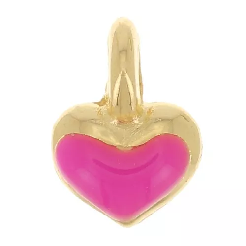 Ciondolo mini cuore 7x5 mm in resina epossidica - Placcato oro - Rosa fluorescente x1