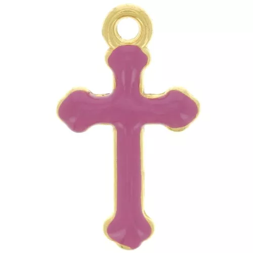 Ciondolo croce 19x11 mm in resina epossidica - dorato oro fino- Fucsia x1