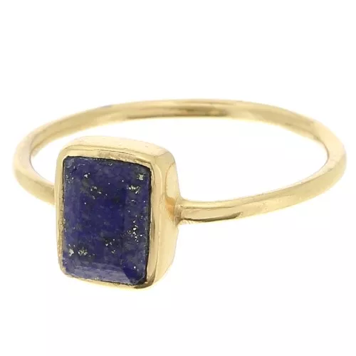 Anello rettangolare con pietre preziose - Misura 57 - Dorato in oro fino - Lapislazzuli x1