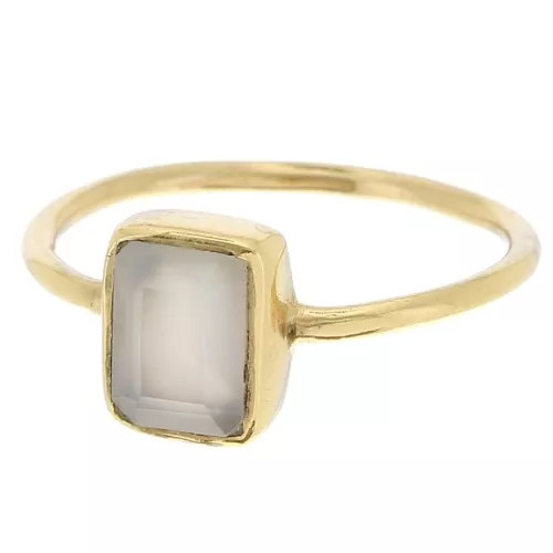 Anello rettangolare con pietre preziose - Misura 52 - Dorato in oro fino - Calcedonio