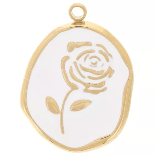 Pendente irregolare 20x14,5 mm - Motivo rosa - Acciaio inox 316L dorato- Bianco x1