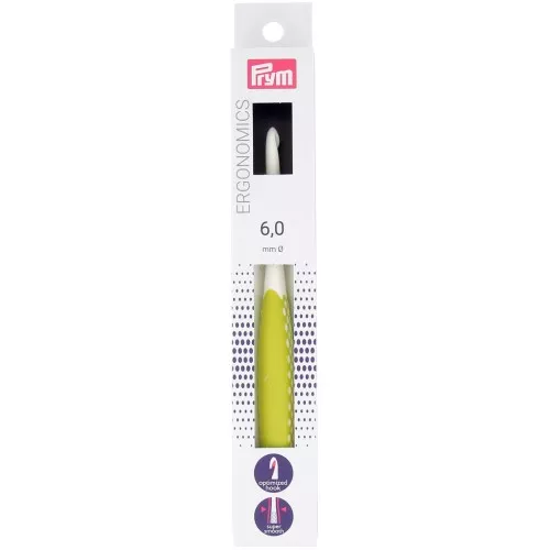Gancio ergonomico in plastica per lana Prym - 6 mm - Bianco - Verde lime x1