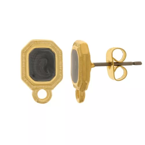Orecchini perno ottago 12x8 mm in resina epossidica -dorato oro fino Perla nera x2