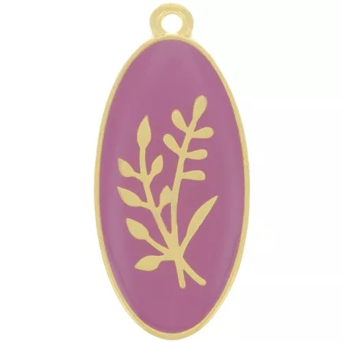 Pendente ovale 27x13 mm fiore - Resina epossidica - dorato oro fino- Plum x1