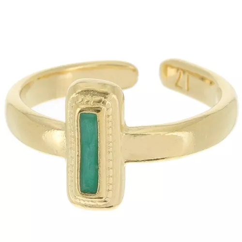 Anello rettangolare in resina epossidica - Misura 53 - Dorato con oro fino - Perla verde