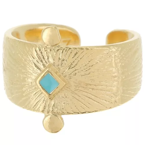 Anello etnico grande - Resina epossidica - Misura 54 -Dorato oro fino - Turchese